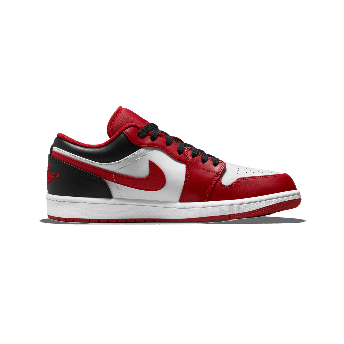 Side profile of a red, white and black Air Jordan 1 Low sneaker with the toe pointing left, showing the red Nike swoosh and Jumpman logo on the heel.