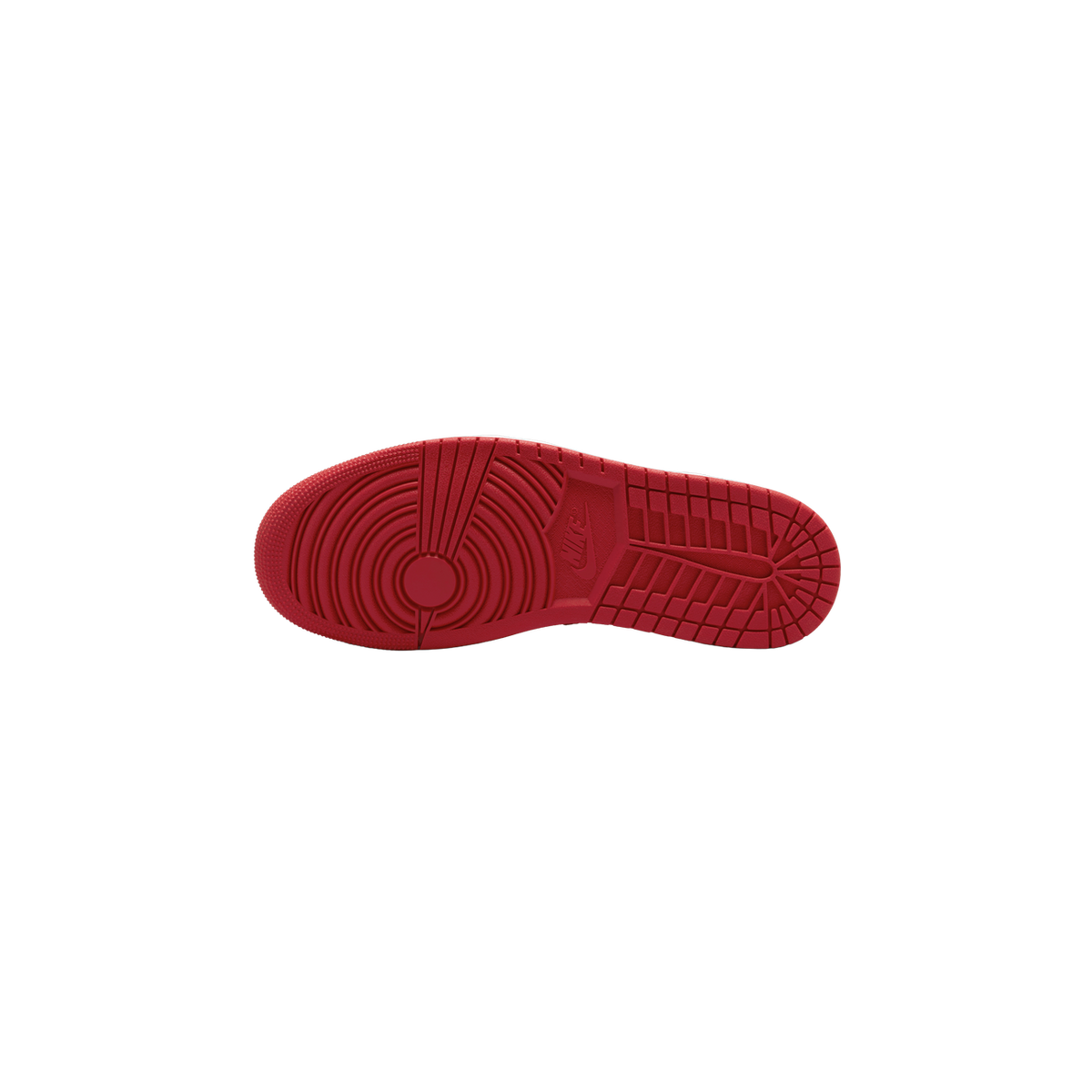 Underside of a red Air Jordan 1 Low sneaker outsole showing a concentric circle pattern at the heel, a Nike swoosh logo on the midsole, and a herringbone tread pattern at the forefoot.