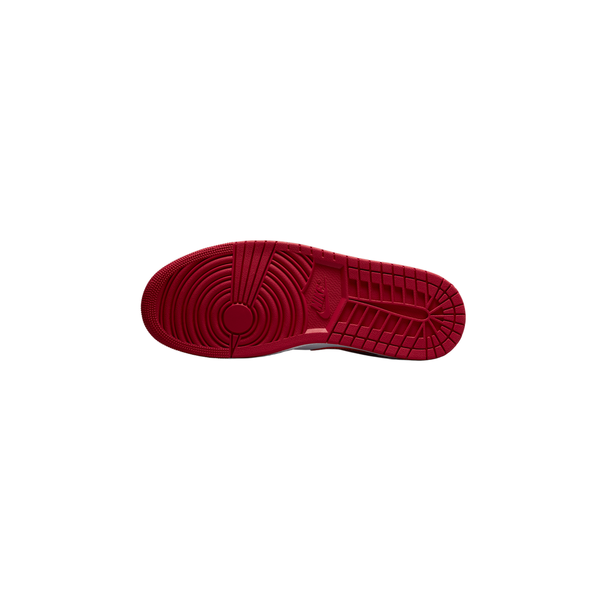 Underside of a red Air Jordan 1 Low sneaker showing the full red rubber outsole with a circular heel pattern, a Nike swoosh logo, and a segmented forefoot tread.