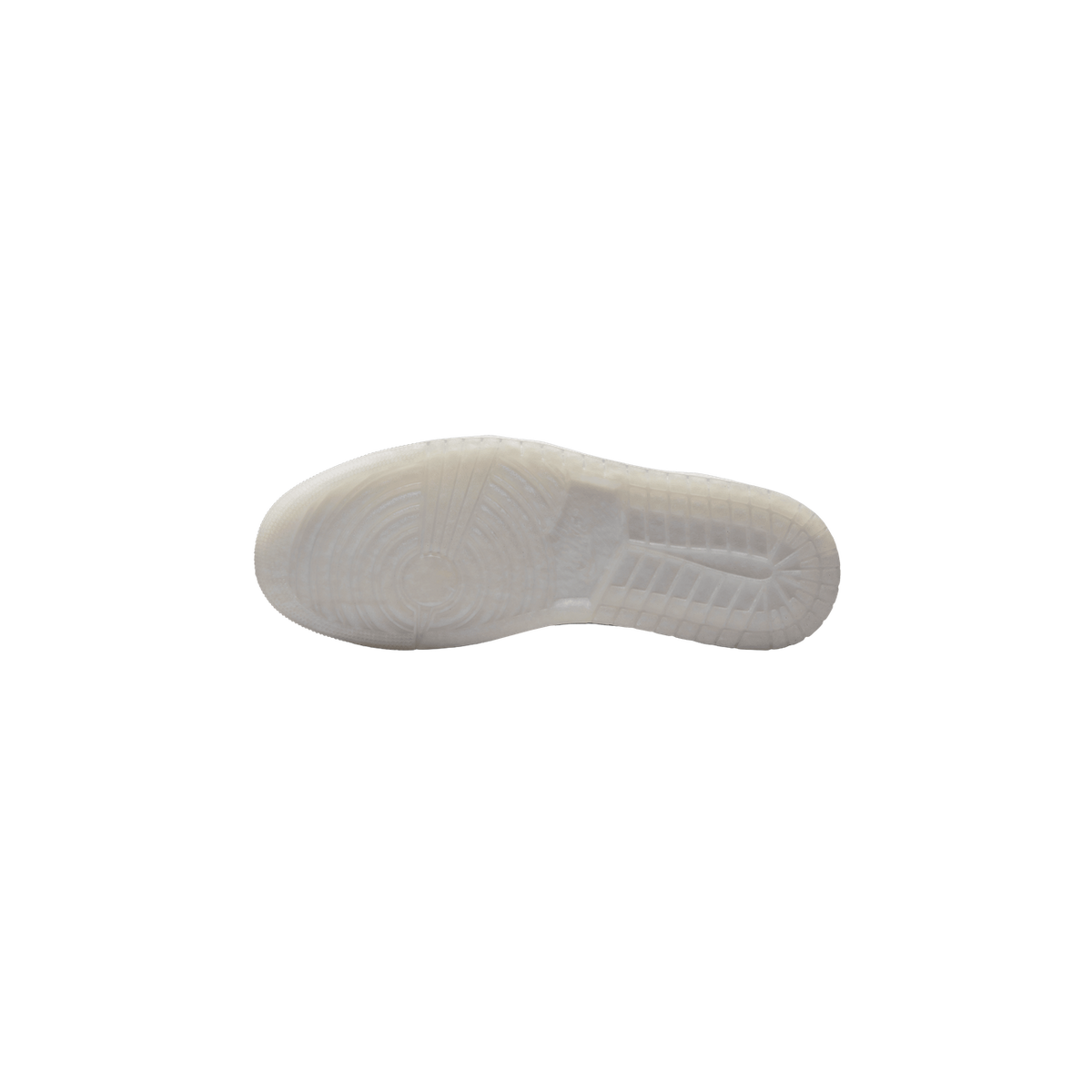 Bottom view of a white Jordan 1 Low showing the translucent outsole tread pattern.