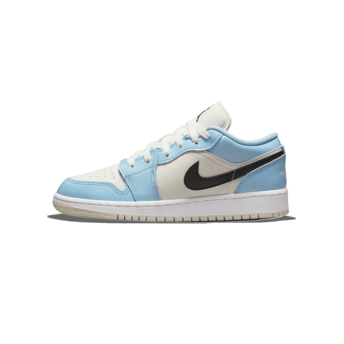 Right-angled side view of an ice blue, white, and black Air Jordan 1 Low sneaker with toe pointing left, showing the black Swoosh logo and white laces.