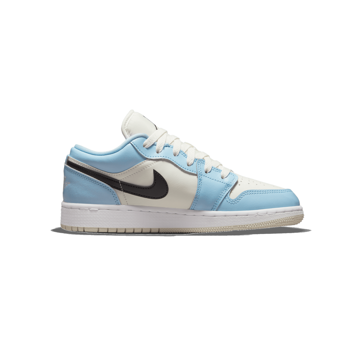 Outside view of a left Air Jordan 1 Low sneaker in ice blue and white with a black Nike swoosh, toe pointing left, on a white sole.