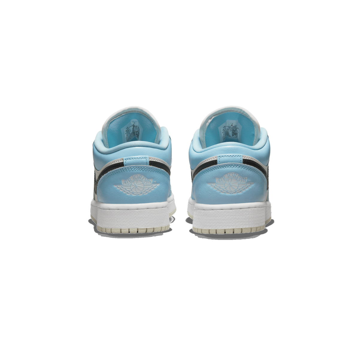 Rear view of a pair of ice blue Air Jordan 1 Low sneakers with black accents, white soles, and the Air Jordan Wings logo on the heels
