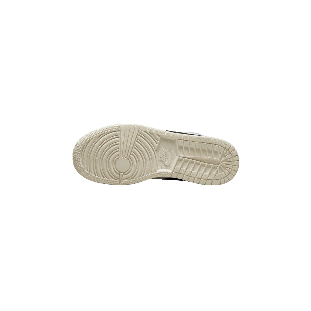 Bottom view of a Jordan 1 Low sneaker showing the tan rubber outsole with Nike swoosh and circular heel tread pattern.