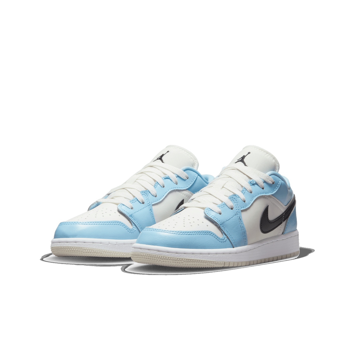 Pair of Air Jordan 1 Low sneakers in ice blue and white with black Nike swoosh and Jumpman logo on the tongue, angled toward the front left