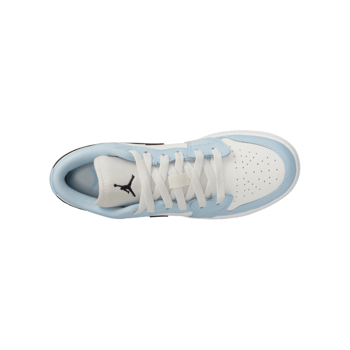 Top-down view of a white and ice blue Air Jordan 1 Low sneaker with white laces and a black Jumpman logo on the tongue, toe pointing right