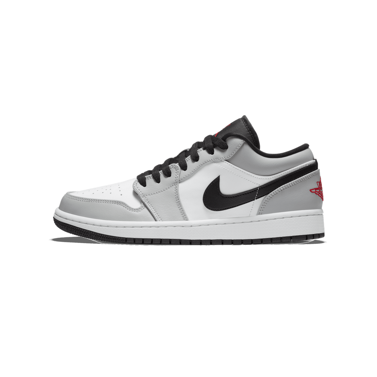 Side view of a left Air Jordan 1 Low sneaker in light smoke grey and white with a black Swoosh, black laces, and a red Wings logo on the heel, toe pointing left.