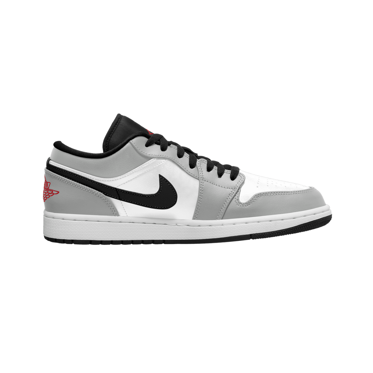 Side view of a grey and white Air Jordan 1 Low sneaker with a black swoosh, black laces, and a small red wings logo near the heel.