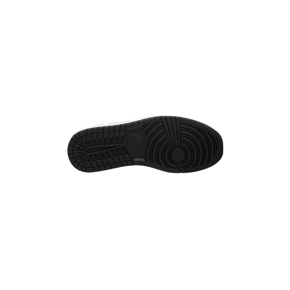 Bottom view of a single sneaker showing the black rubber outsole with circular heel traction pattern and Nike swoosh logo
