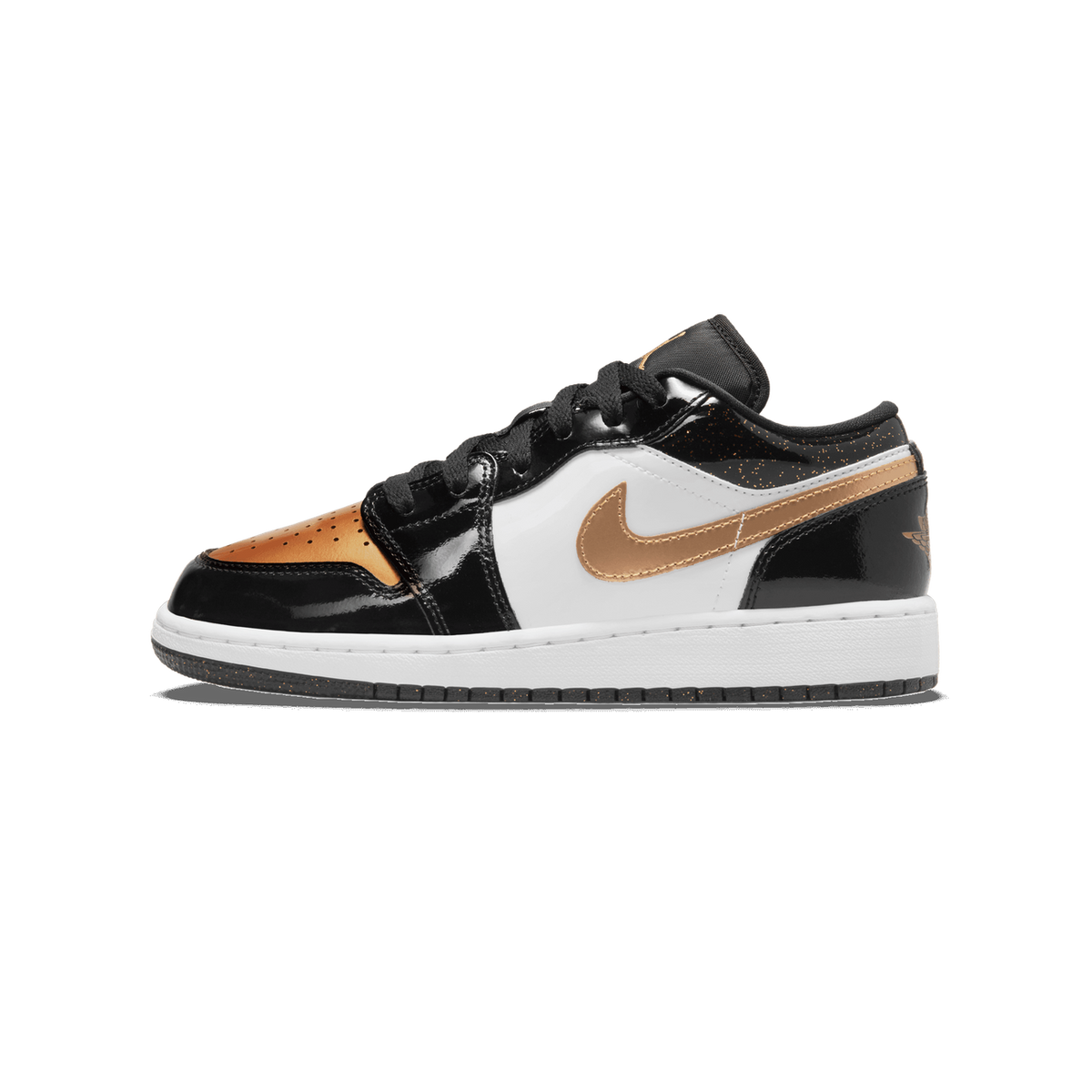 Side profile of a single Air Jordan 1 Low sneaker with the toe pointing left, showing black patent leather, a metallic gold toe box with perforations, white midsection, a gold Swoosh, and a gold Jumpman logo on the heel.