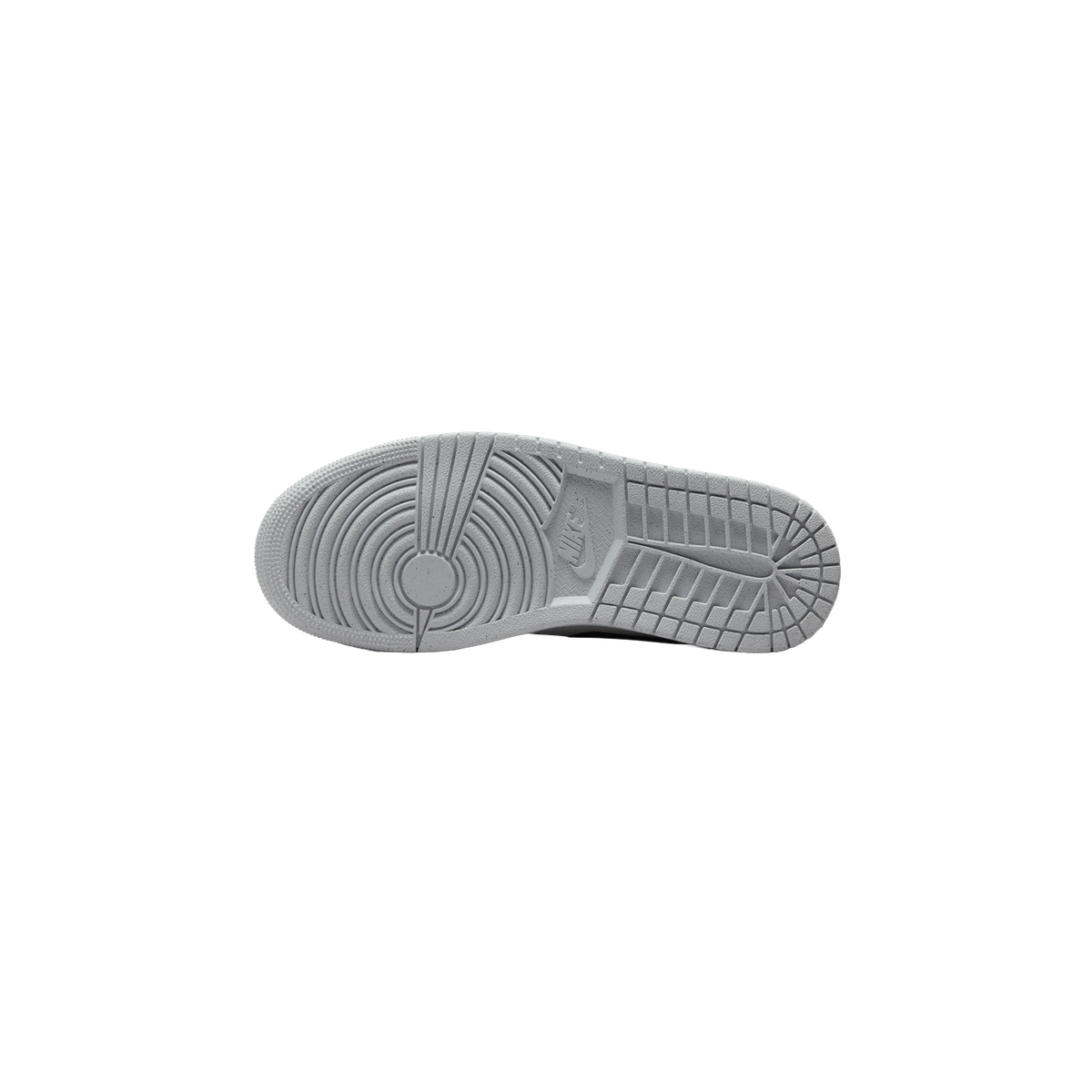 Underside of a light grey Air Jordan 1 Low sneaker showing the light grey rubber outsole with concentric circular tread, a Nike swoosh logo near the arch, and a segmented grid pattern under the forefoot.