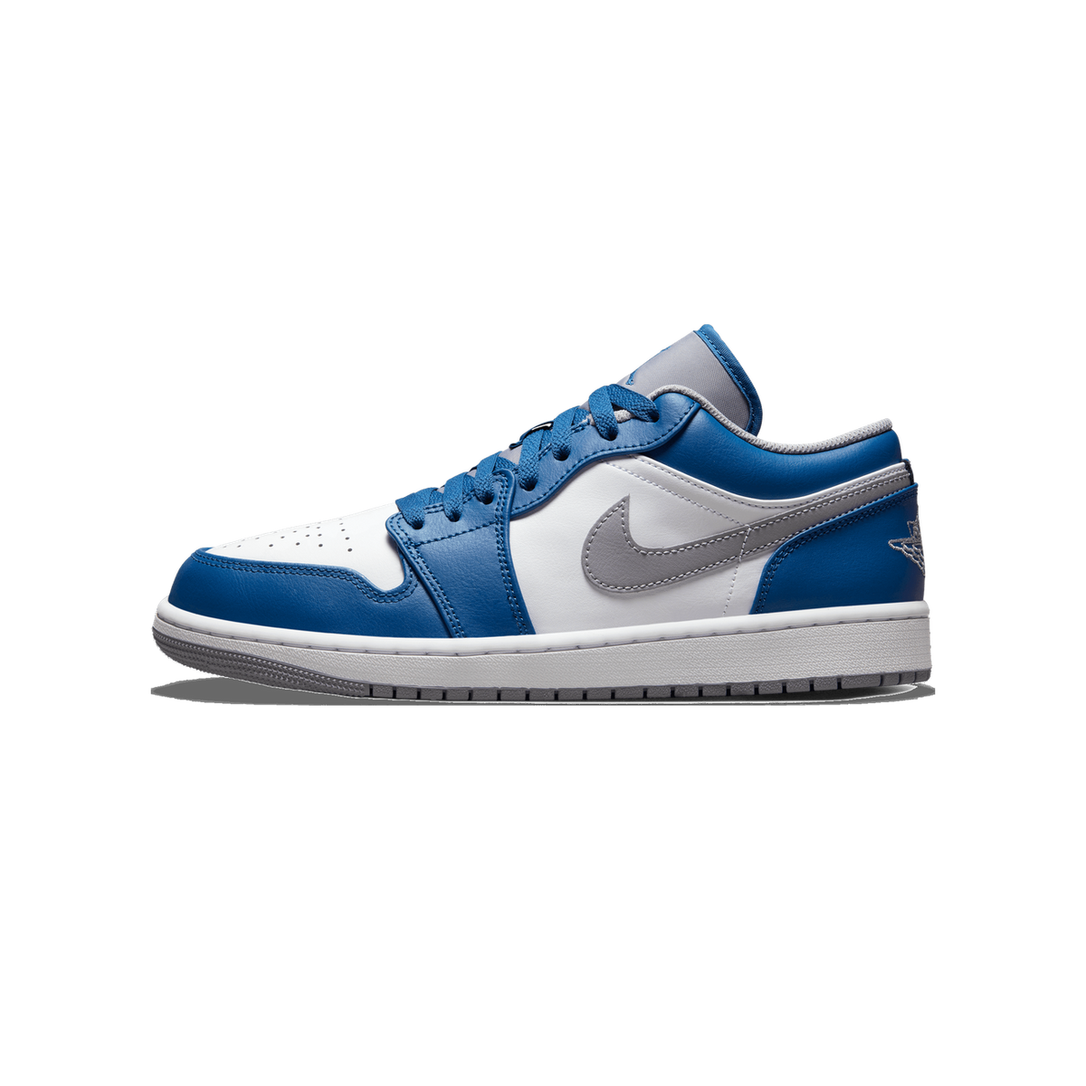 Lateral view of a blue and white Jordan 1 Low sneaker with grey Swoosh logo, toe pointing left, and a gum-toned outsole.
