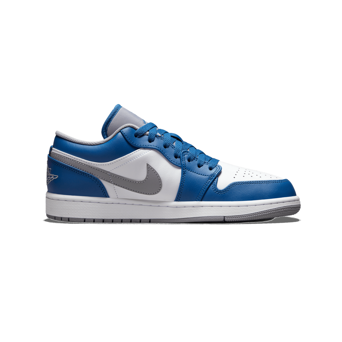 Side view of a blue and white Air Jordan 1 Low sneaker with grey Swoosh logo, toe pointing left, and a small Wings logo on the heel.