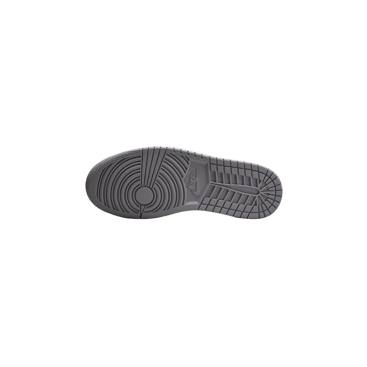 Bottom view of a sneaker showing the grey rubber outsole with circular heel tread pattern and Nike branding near the arch