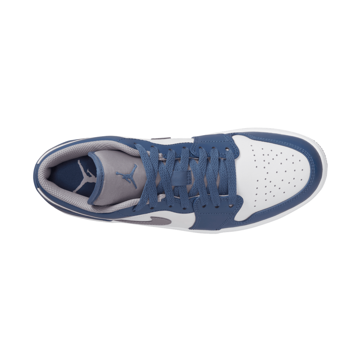 Top-down view of a blue and white Jordan 1 Low sneaker showing the laces, grey tongue with Jumpman logo, and perforated toe box