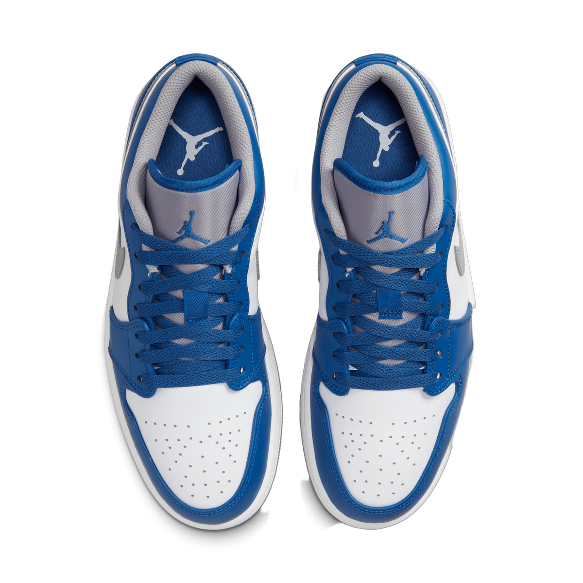 Top-down view of a pair of blue and white Air Jordan 1 Low sneakers with Jumpman logos on the tongues