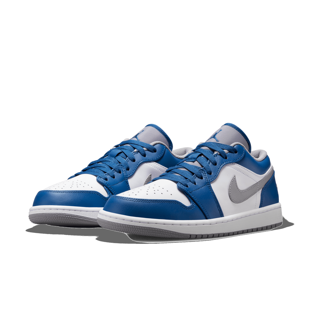 Pair of blue and white Jordan 1 Low sneakers with grey Swoosh logos, angled toward the left and shown together.