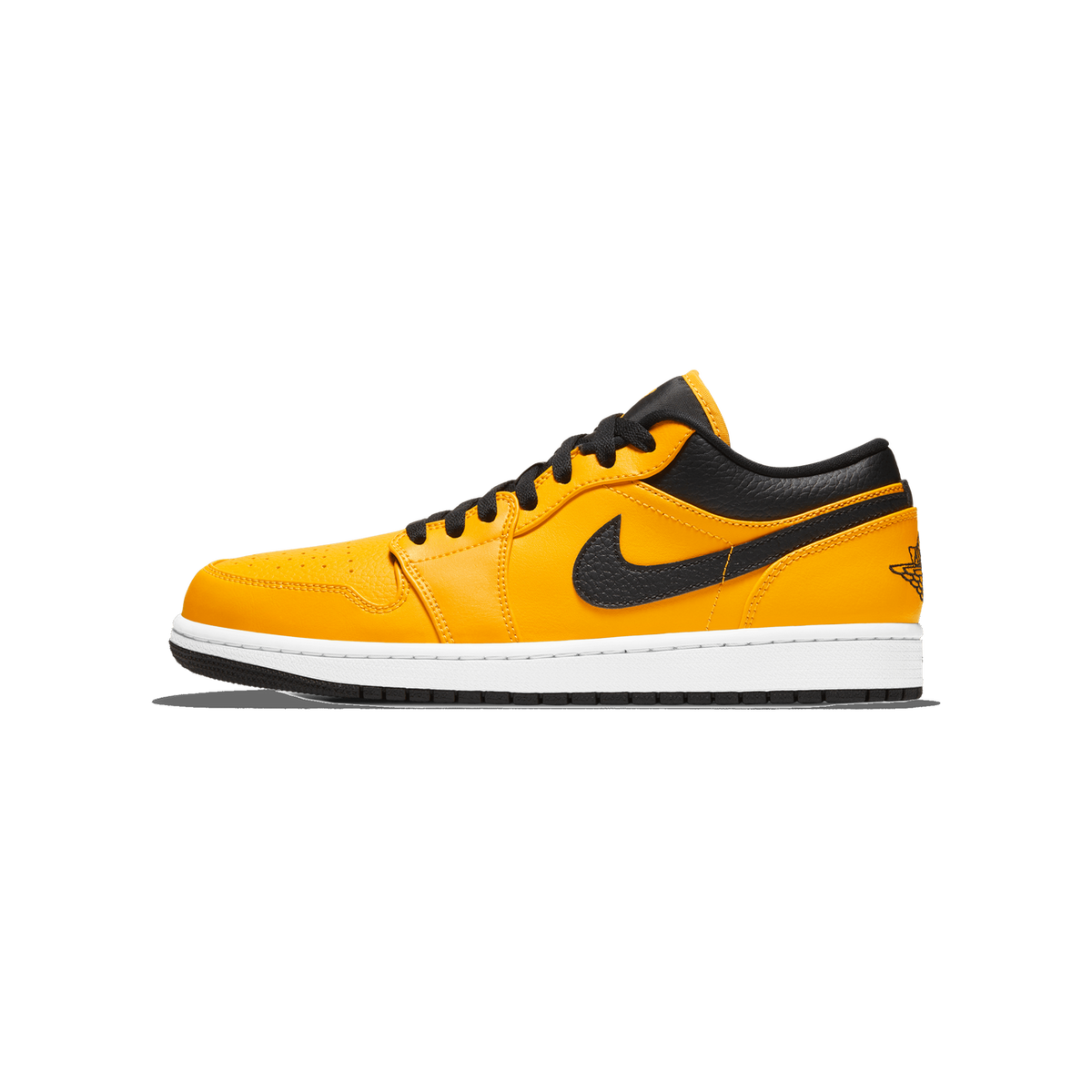 Side profile of a single Air Jordan 1 Low in gold leather with a black Swoosh and black collar lining, a white midsole, and a black outsole, with the toe pointing left.