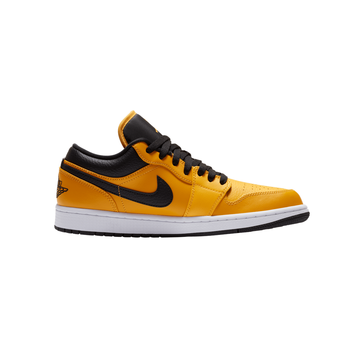 Single gold and black Air Jordan 1 Low shoe in profile with the toe pointing left, showing the black Nike swoosh and Jumpman logo on the side, black laces, and a white midsole with black outsole edge.