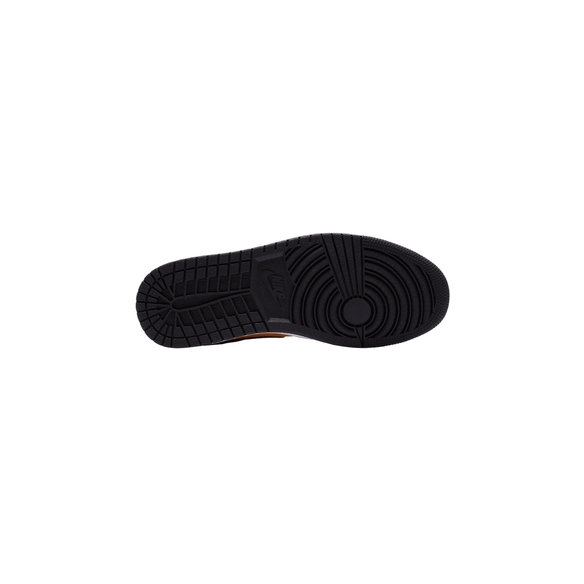 Underside of a black sneaker sole showing the black rubber tread pattern with a Nike swoosh logo near the arch, with a sliver of orange and white upper visible along the edge.