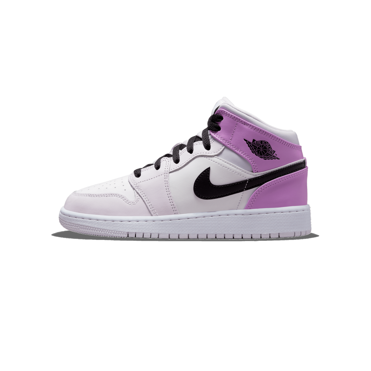 A single white and light purple high-top sneaker with lilac-purple heel panels, black laces and a black Swoosh, toe pointing left, showing the lateral side with the Air Jordan Wings logo on the heel.