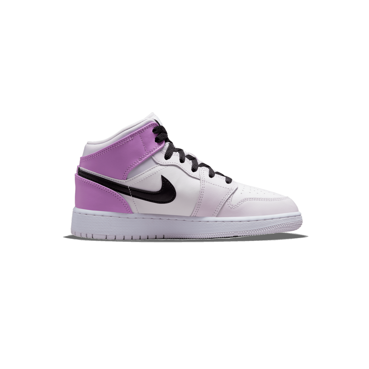 Side profile of a single white and purple Air Jordan 1 Mid sneaker with black laces and a black Nike Swoosh on the lateral side, toe pointing left, shown on a plain white background.