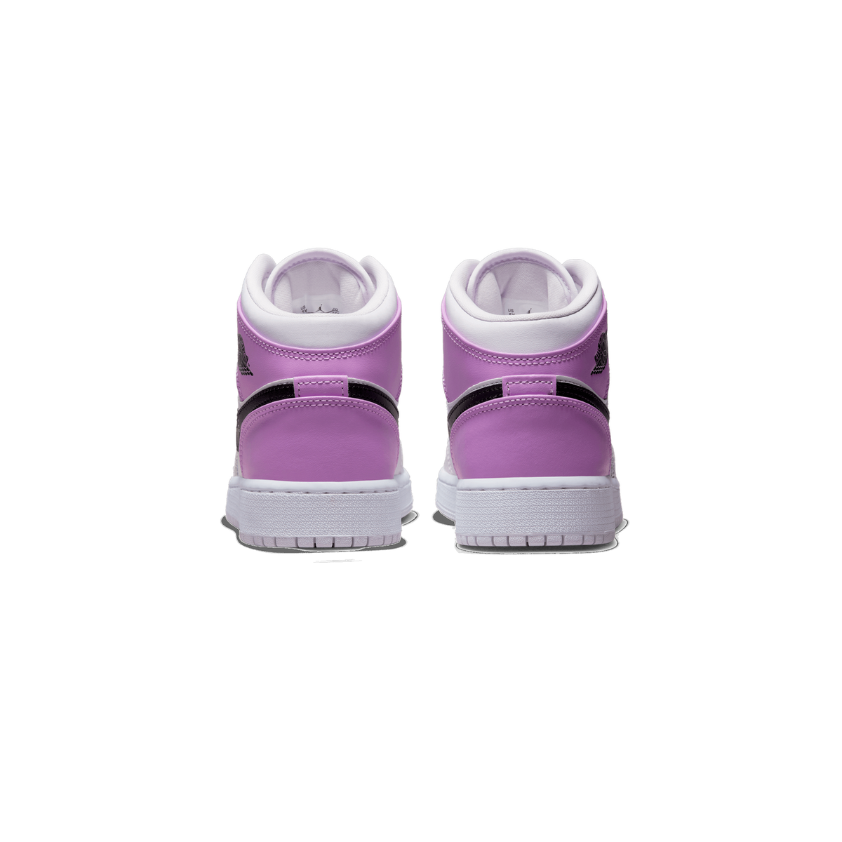 Rear view of a pair of Air Jordan 1 Mid sneakers in purple, white, and black, showing the heel counters, Jumpman logos, and white soles.