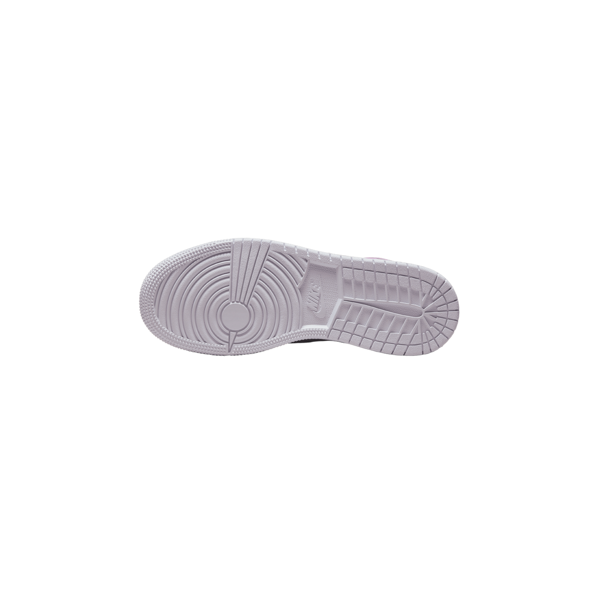 Underside of a single Air Jordan 1 Mid sneaker showing the lilac-grey rubber outsole with circular tread pattern, a Nike Swoosh logo near the arch, and a dark upper edge visible at the side.