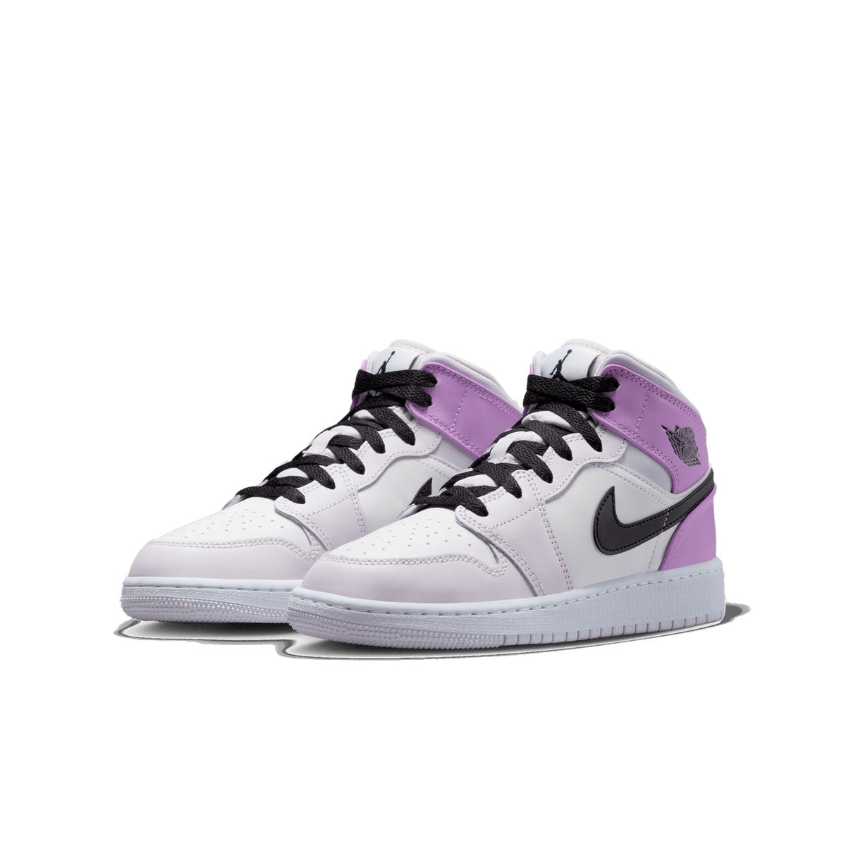 Pair of Air Jordan 1 Mid sneakers in white and light purple with black laces and black Swoosh, shown from the front three-quarter angle with toes pointing left.