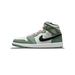 Lateral view of a Jordan 1 Mid sneaker in white and dutch green leather with black Nike swoosh, pink laces, and a white and green outsole.