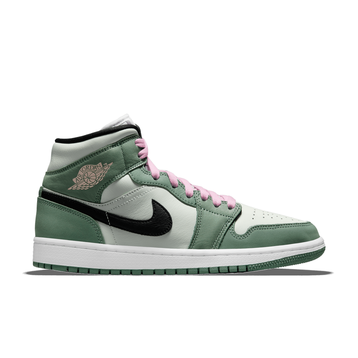 Lateral view of a Jordan 1 Mid sneaker in white and dutch green leather with black Swoosh, pink laces, and a green outsole.