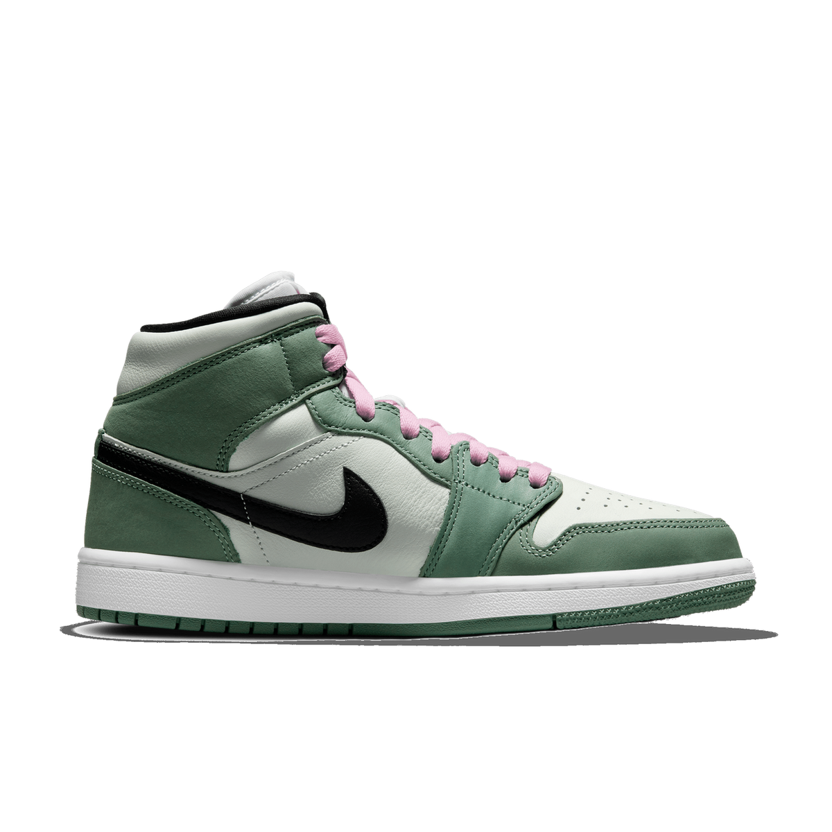 Lateral view of a Jordan 1 Mid sneaker in green and white leather with a black Swoosh and pink laces on a white sole.