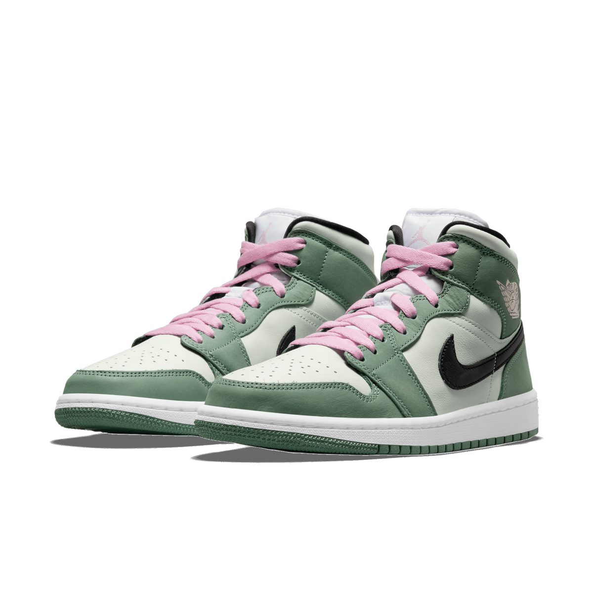 Front-angled view of a pair of Air Jordan 1 Mid sneakers in dutch green and white with pink laces and a black Swoosh and Wings logo