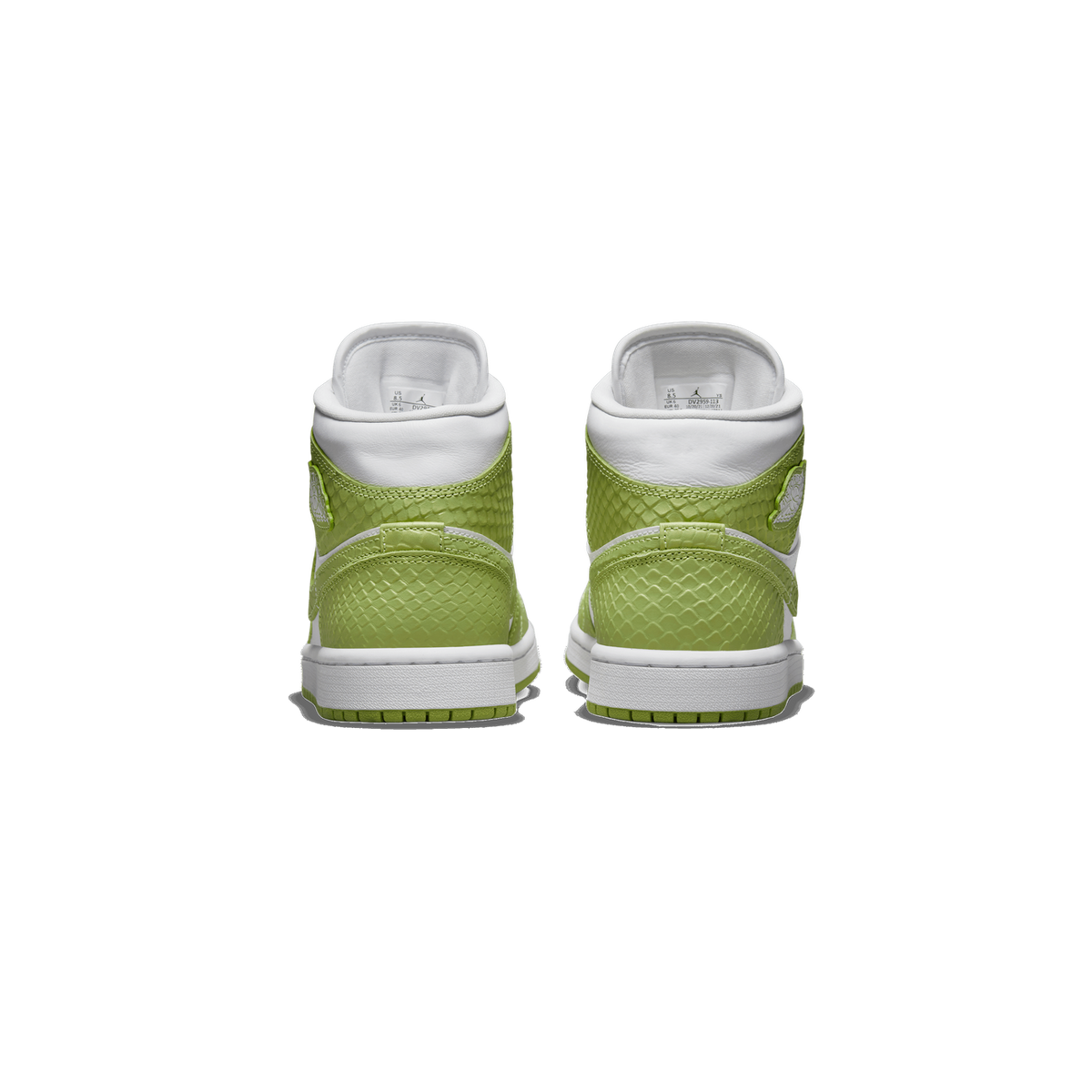 Rear view of a pair of green and white high-top sneakers with a green snakeskin-embossed texture on the heel panels, white collars, Jumpman logo tabs on the heels, and green rubber outsoles, shown centred on a white background.