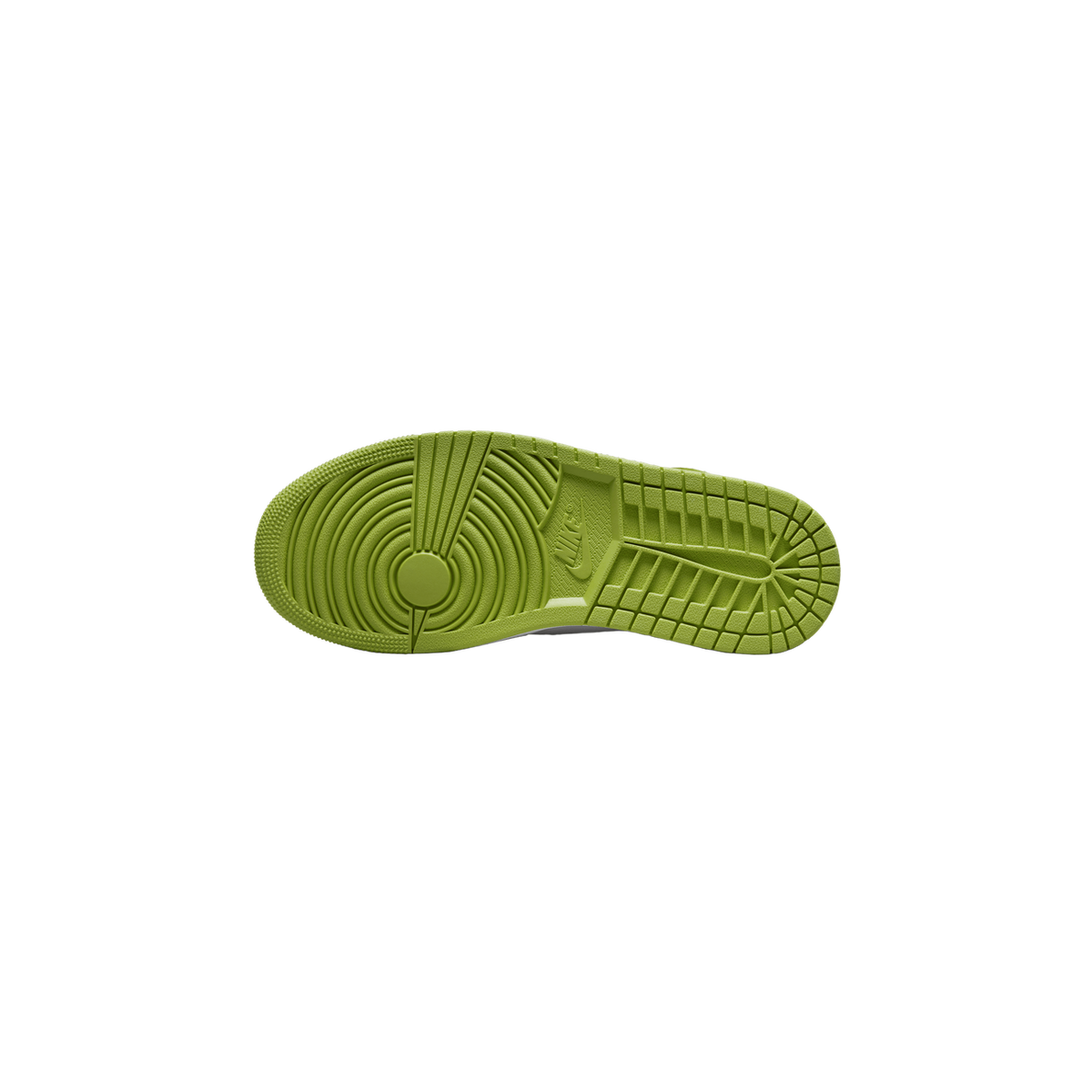 Underside of a green Air Jordan 1 Mid sneaker showing the full green rubber outsole with concentric circular tread pattern, a Nike Swoosh logo near the arch, and a herringbone tread on the forefoot, against a plain white background.