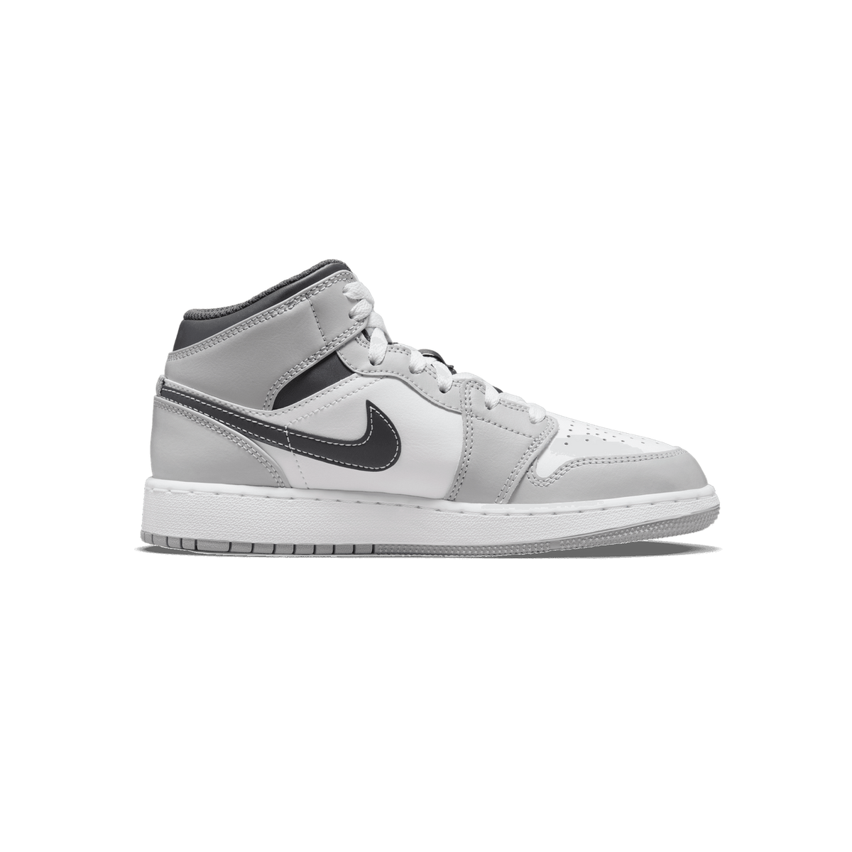 Side view of a grey and white Air Jordan 1 Mid sneaker with a black Swoosh logo, black heel panel, and white midsole, toe pointing left.