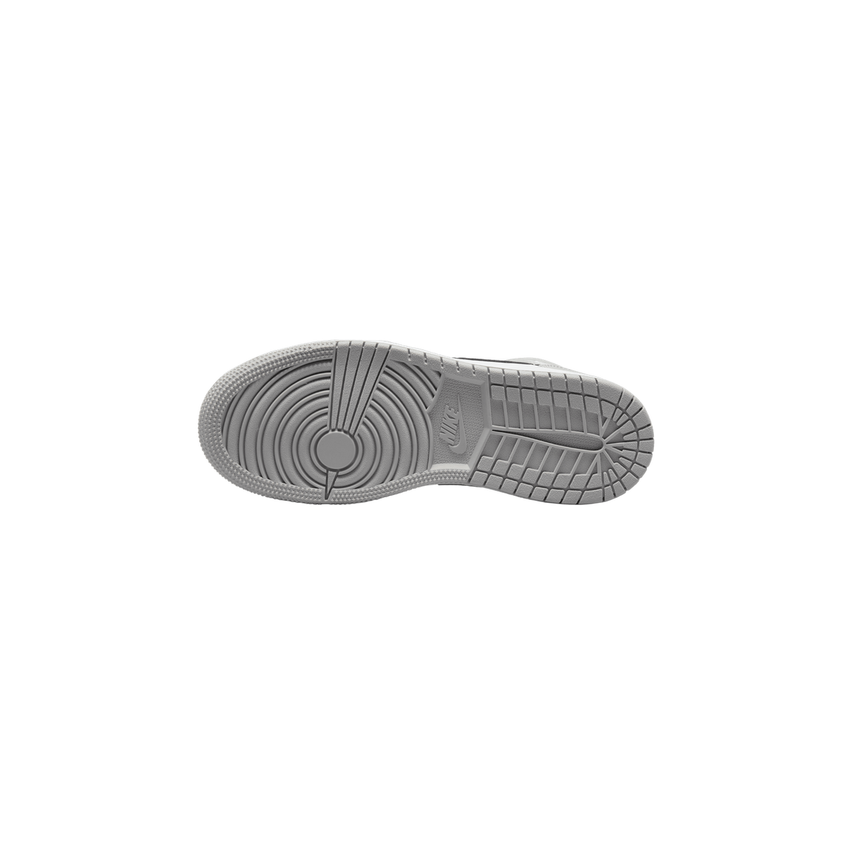 Bottom view of a single Air Jordan 1 Mid sneaker showing the grey rubber outsole with Nike swoosh logo and circular heel traction pattern.