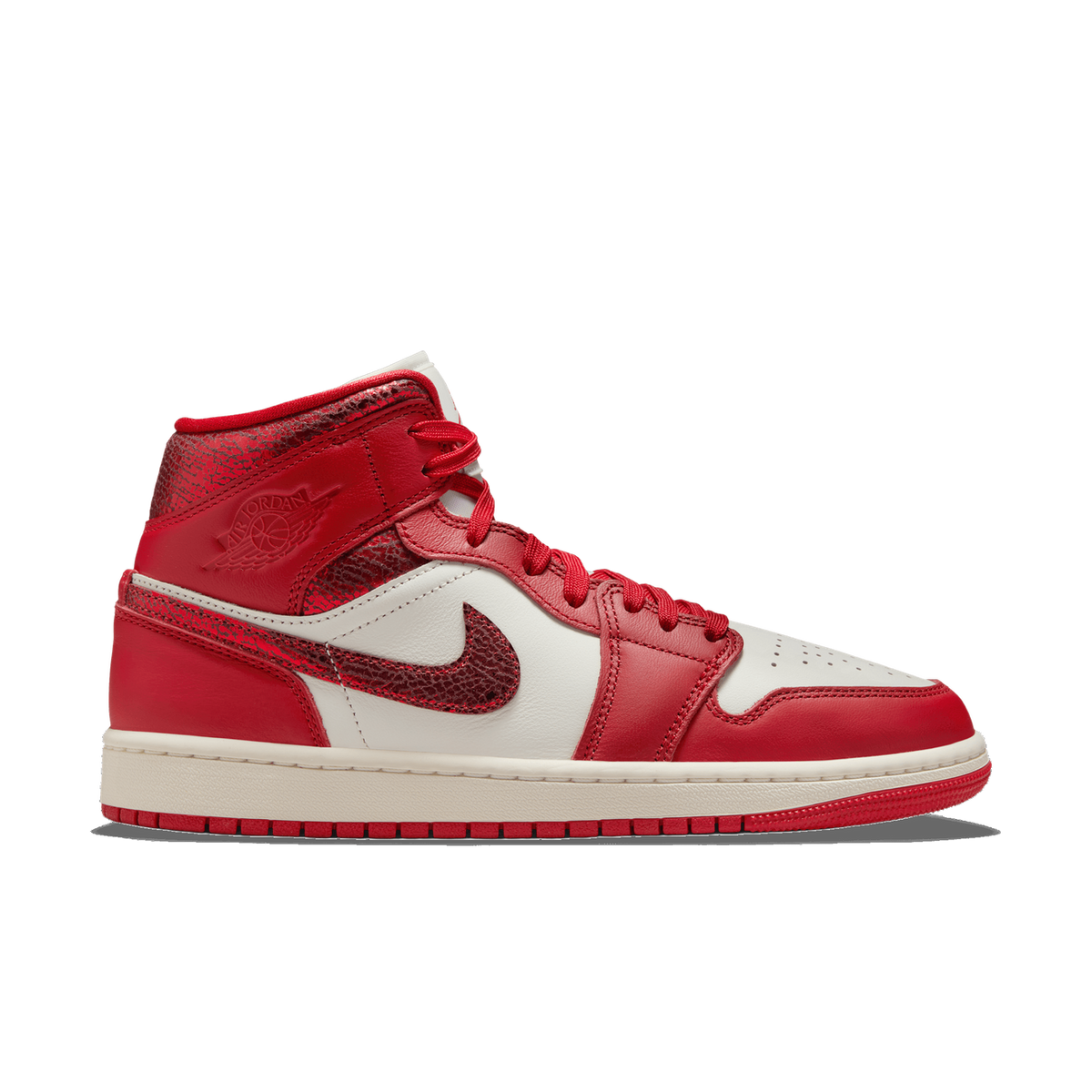 Lateral view of a red and off-white Jordan 1 Mid sneaker with cracked crinkle-textured leather panels on the toe, Swoosh, and ankle collar