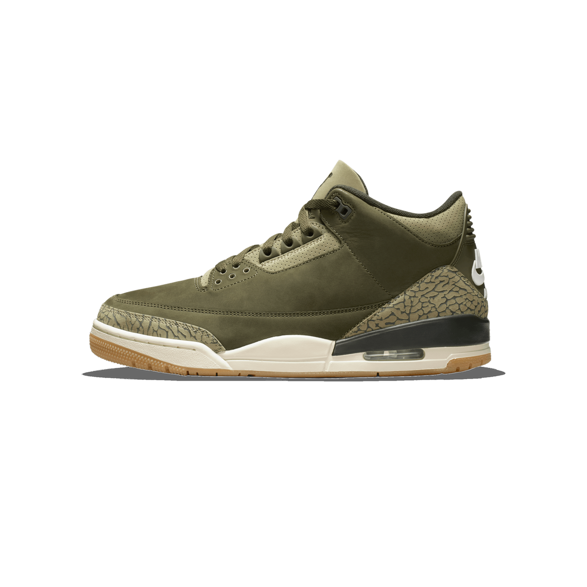 Side view of an olive green Air Jordan 3 Retro sneaker with tan elephant-print overlays, white Jumpman logo, cream midsole, and gum rubber outsole, toe pointing left.