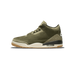 Side view of an olive green Air Jordan 3 Retro sneaker with tan elephant-print overlays, white Jumpman logo, cream midsole, and gum rubber outsole, toe pointing left.