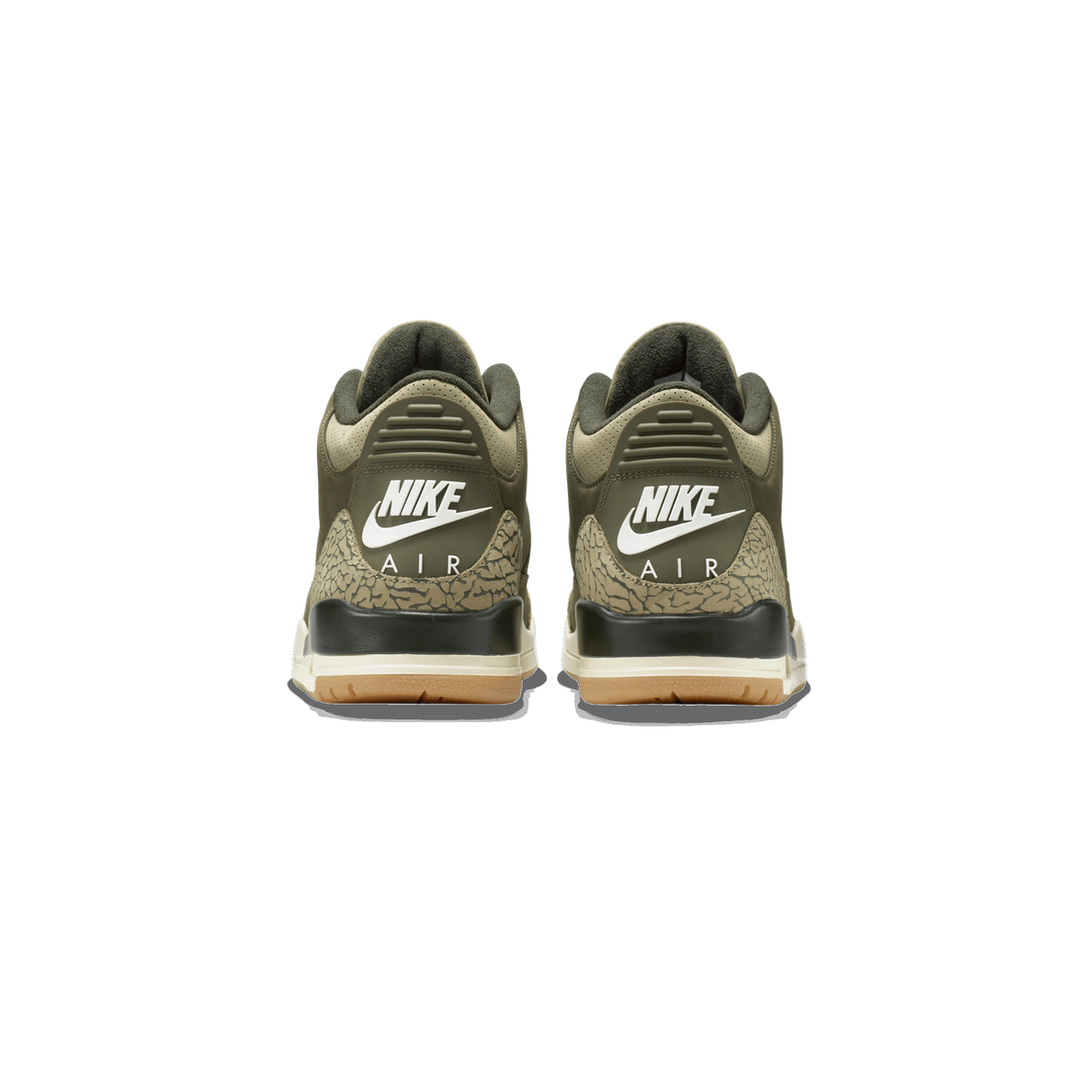 Rear view of a pair of olive green Air Jordan 3 Retro sneakers with elephant print detailing, tan heel panels, white Nike Air branding, and a gum rubber outsole.