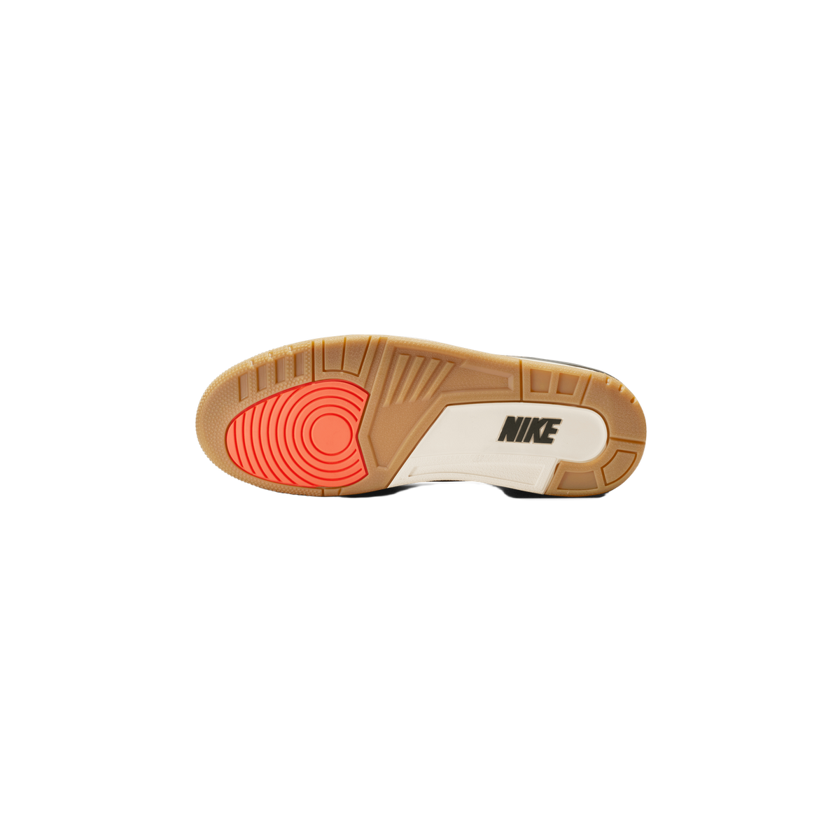 Bottom view of a sneaker outsole showing a gum rubber sole with an orange heel pad and black Nike logo near the toe.