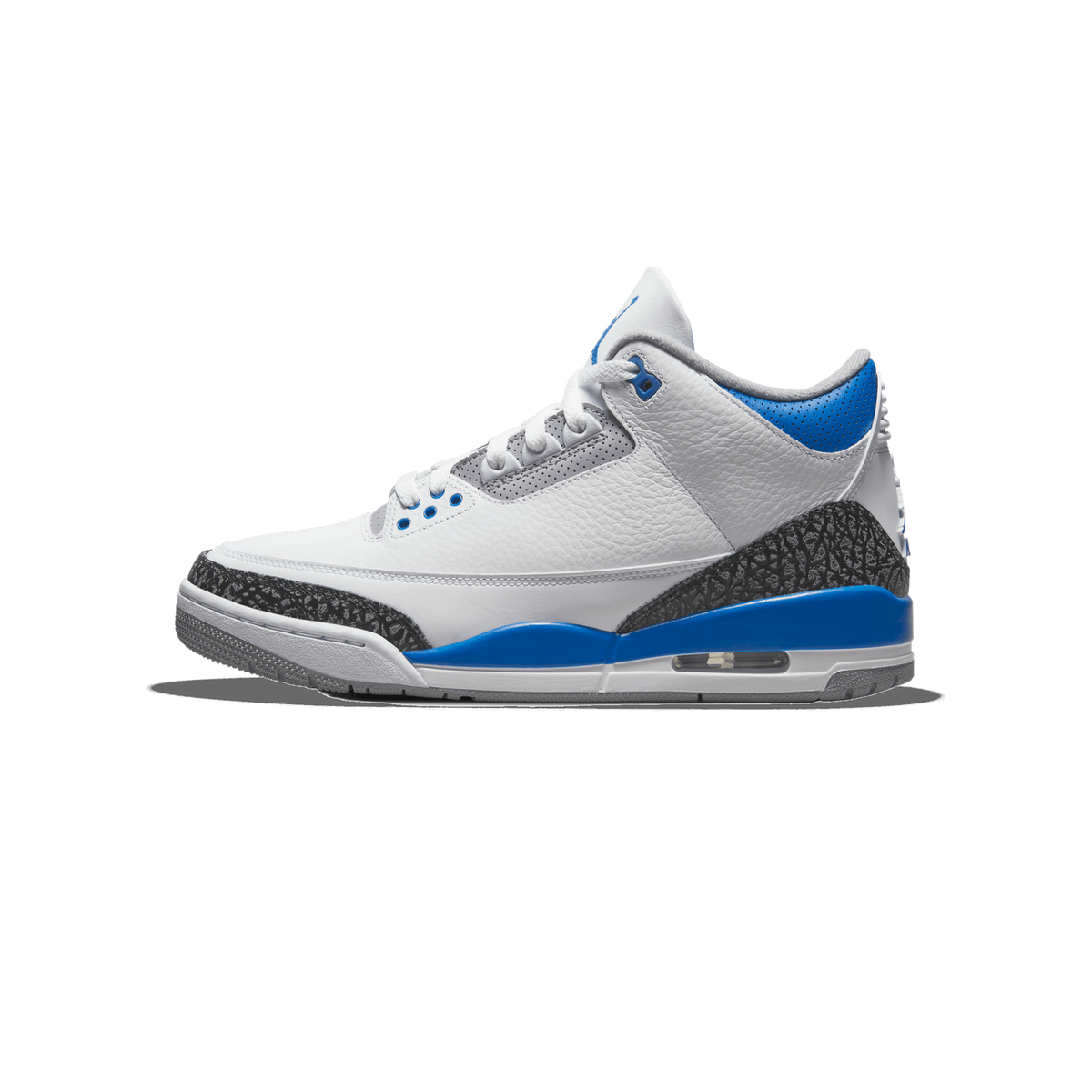 Lateral view of a white Air Jordan 3 Retro sneaker with blue heel and lace accents and black elephant-print detailing on the toe and heel, toe pointing left
