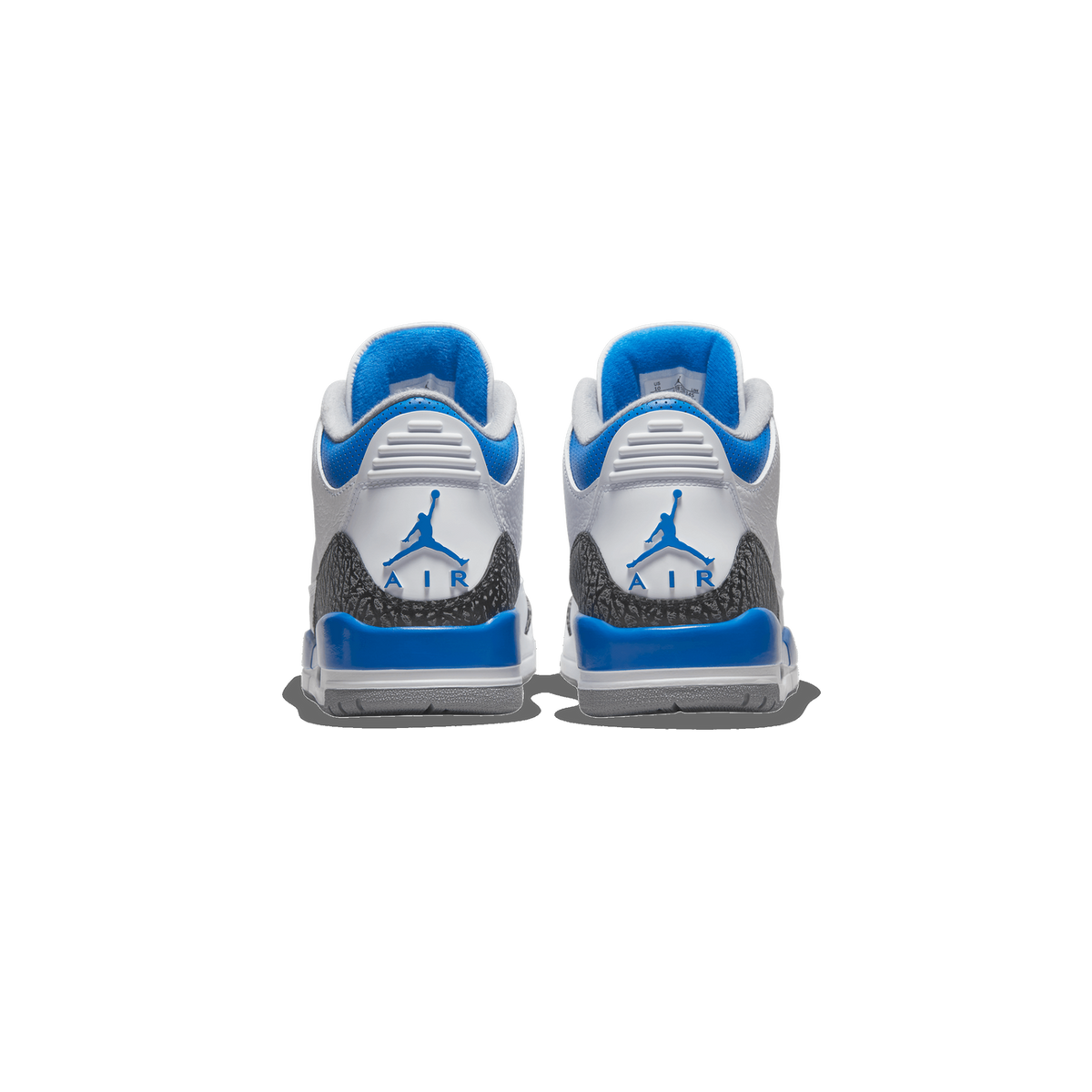 Rear view of a pair of white Air Jordan 3 sneakers with grey elephant print, blue heel tabs and ankle lining, and blue Jumpman Air logos on the heels