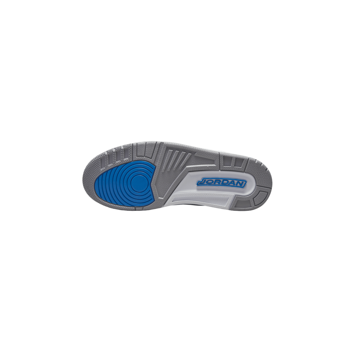 Bottom view of a Jordan 3 Retro Racer Blue sneaker outsole showing grey tread, a blue circular heel pattern, and the blue Jordan logo at the midfoot.