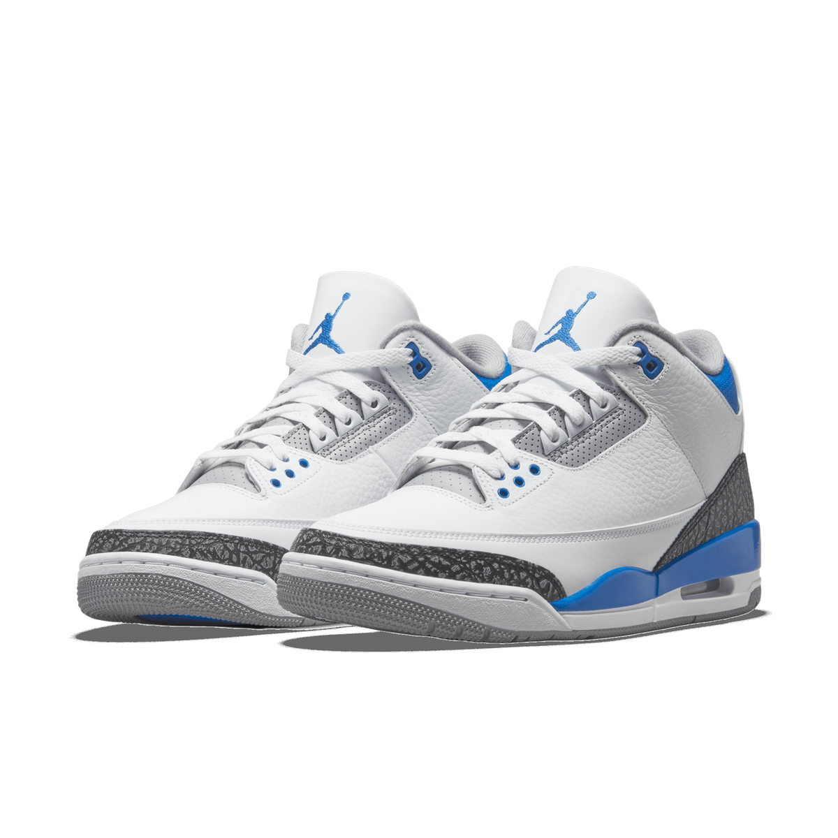 Pair of white Air Jordan 3 sneakers with black elephant-print overlays, blue heel tabs, and blue Jumpman logos on the tongues, angled toward the front left.