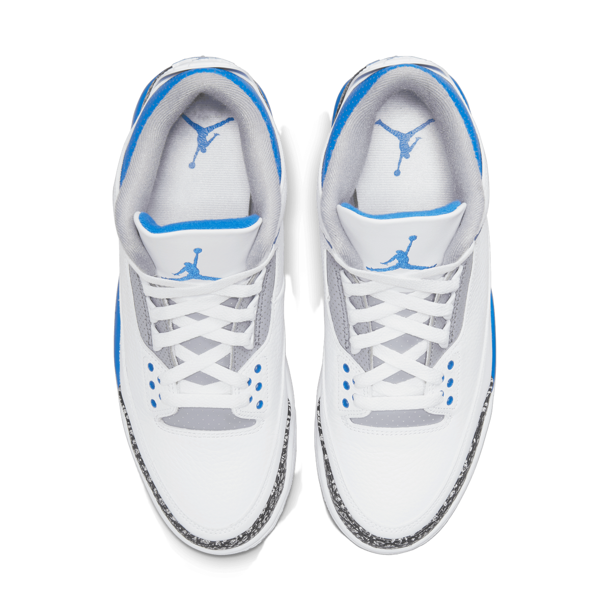 Top-down view of a pair of white Air Jordan 3 sneakers with blue tongue trim, Jumpman logos, and black and grey elephant print on the toe cap and midsole.