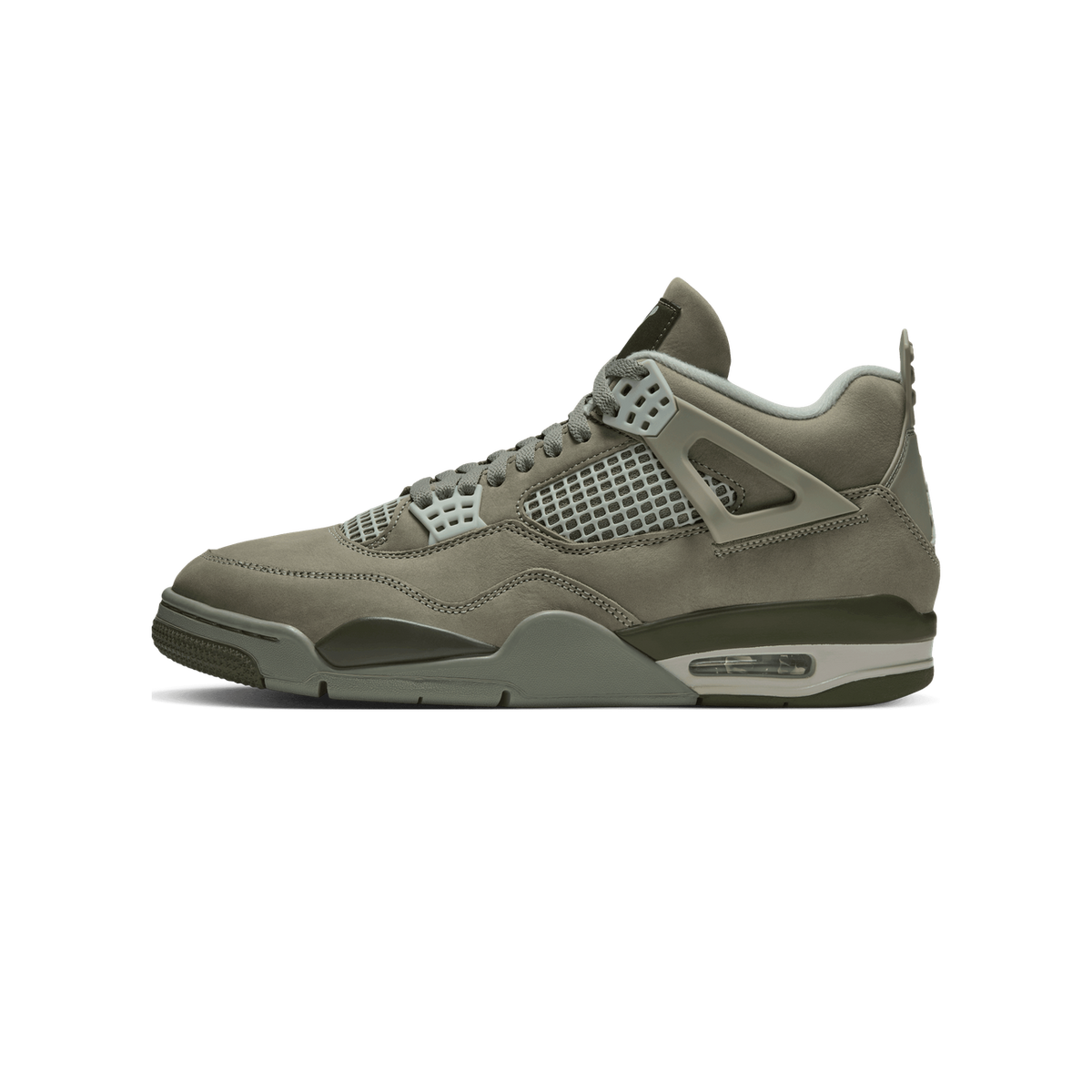 Left Air Jordan 4 sneaker in olive green nubuck with mesh side panels and dark green midsole, shown from the outer side with toe pointing left.