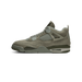 Left Air Jordan 4 sneaker in olive green nubuck with mesh side panels and dark green midsole, shown from the outer side with toe pointing left.