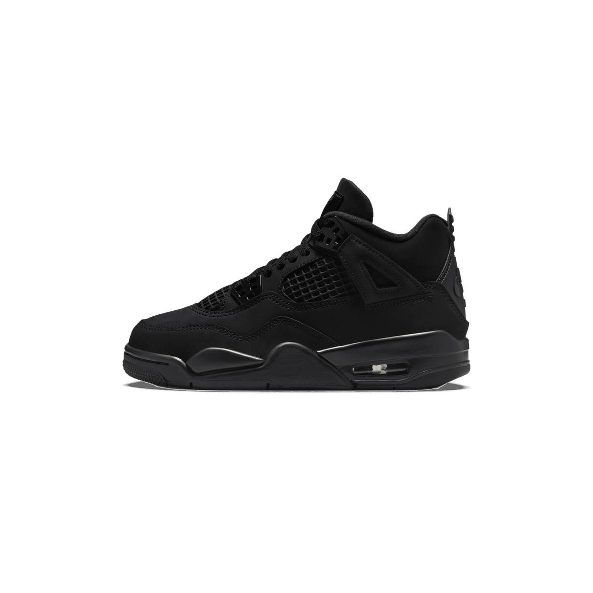 Lateral view of an all-black Air Jordan 4 Retro sneaker with mesh side panels, wing-shaped eyelet support, and a black outsole, toe pointing left.